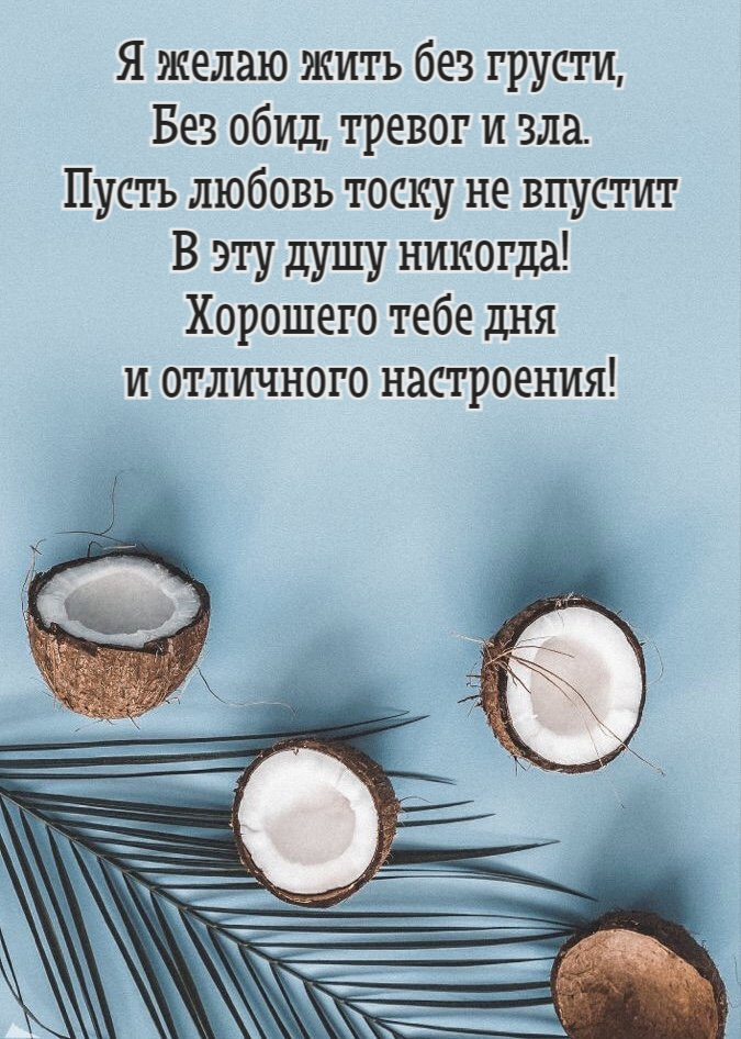 Я желаю жить без грусти, Без обид, тревог и зла. Пусть любовь тоску не впустит В эту душу никогда! Хорошего тебе дня и отличного настроения!