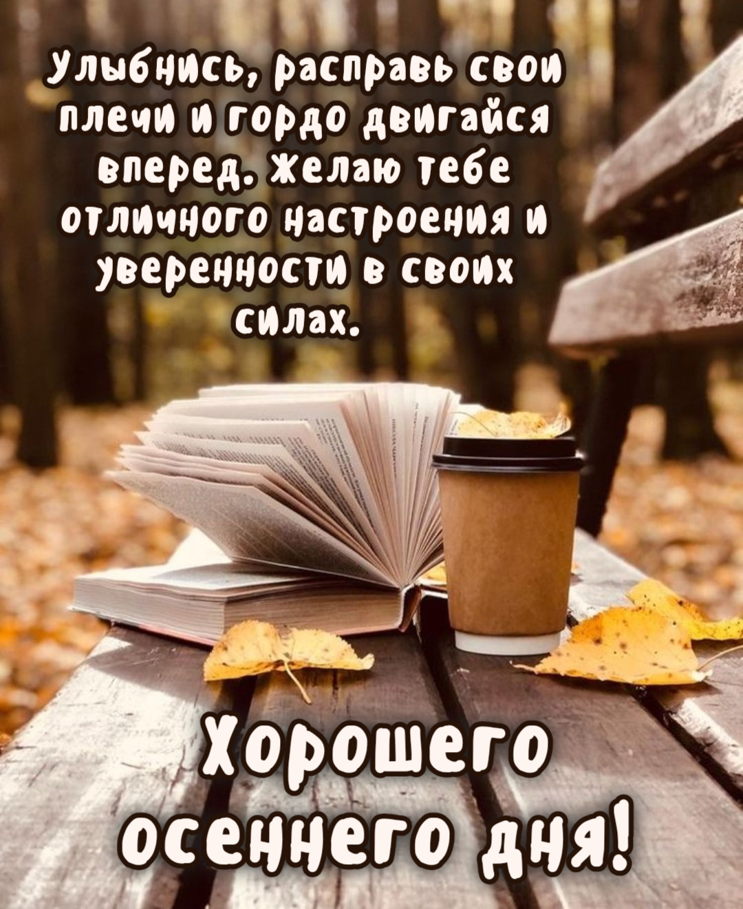 Улыбнись, расправь свои плечи и гордо двигайся вперед. Желаю тебе отличного настроения и уверенности в своих силах. Хорошего осеннего дня!